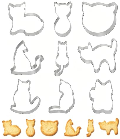 9 PCS Cat Cookie Cutters Stainless Steels Animal Biscuit Cutters Set Cute Cat Shaped Cookie Molds Sandwich Cutters for DIY Baking Cake Fondant Sugarcraft Pastry Bakeware Decoration