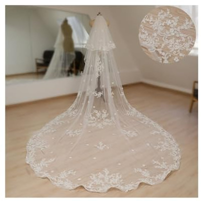 AHIOJEGX Brautschleier Brautschleier Weiß Elfenbein Zweischichtiger Blumen-Hochzeitsschleier Blumige Spitze Für Hochzeiten Partys Zeremonien(White,300cm)