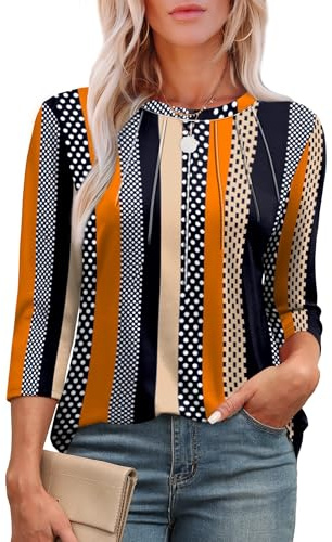 Aokosor Womens 3/4 Sleeve Tops Ladies Blouses Crew Neck Pleated Shirts Fashion Dressy Tunic Blouses Size 18-20 Black Orange Stripe Dot