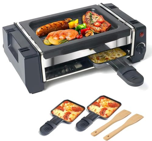 STWBHW Plaque de Cuisson électrique 2 en 1, Gril de Table à raclette, Gril à raclette électrique d'intérieur 500 W, Gril de Barbecue à contrôle de température antiadhésif avec 2 poêles à Fromage