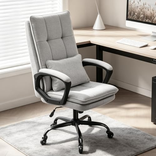 BASETBL Ergonomic Executive Office Chair, Computer Desk Chair with Flip-up Armrests Independent Lumbar Pillow Adjustable Height, Comfortable for Home Office Gaming, Upgraded Rubber Caster(Grey Fabric)