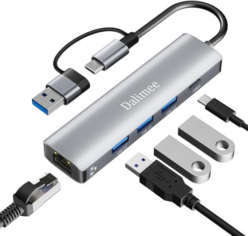 Dalimee USB Hub 3.0, 5 in 2 USB C Docking Station mit 3*USB 3.0 5Gbps, USB-C und Gigabit Ethernet, Aluminium Dockingstation für MacBook, iPad, iPhone, und mehr Type-C/Type-A Geräte