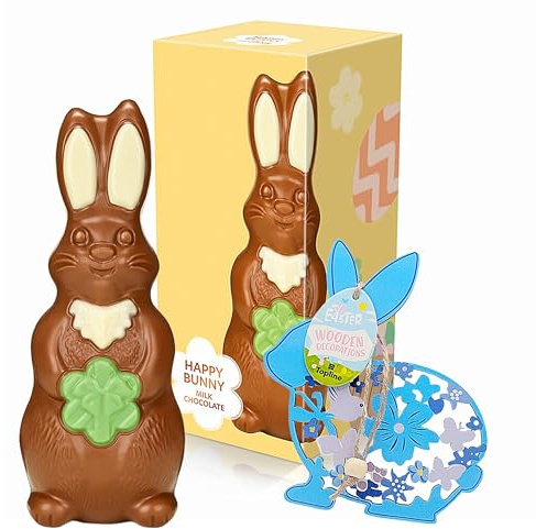 Easter Bunny Chocolate for Easter Gifts - Milk & White Chocolate Happy Bunny Figure 170g with Topline Wooden Decoration. Great Chocolate Gift for Kids Egg Hunt, Chocolate Hampers