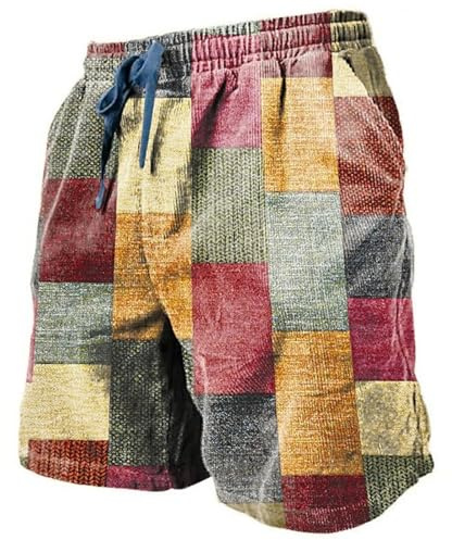 Lässige Harems-Yoga-Shorts für Herren, Patchwork, lässig, Strand, Leinen-Shorts, Kordelzug, elastische Taille, kurze Hose, atmungsaktiv, Urlaub, Mode, Streetwear, rot, L