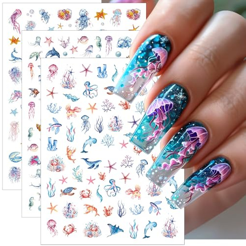8 Blätter Meer Nagelsticker Sommer Nagelaufkleber, 3D Muschel Qualle Konche Seestern Nagel Sticker Ozean Aufkleber Nägel Zubehör Beach Nail Sticker Strand Nail Art Stickers Frauen Nailart Nageltattoos