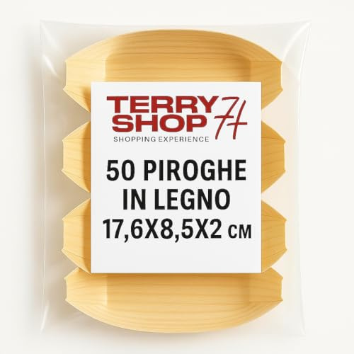 Terryshop74 Contenitore in legno per aperitivi, feste catering, finger food,monouso biodegradabili (50, Piroga 17,6x8,5x2 cm)