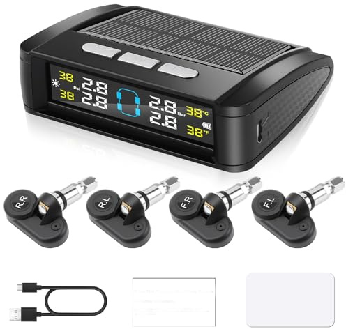 Avutrel Reifendruckkontrollsystem Tpms RDKS（0-6bar）mit 4 Reifendrucksensoren 5 Alarmmodi(Druck und temperatur), Solarbetrieben USB Stromversorgung für Auto SUV Wohnwagen Wohnmobilen Internen