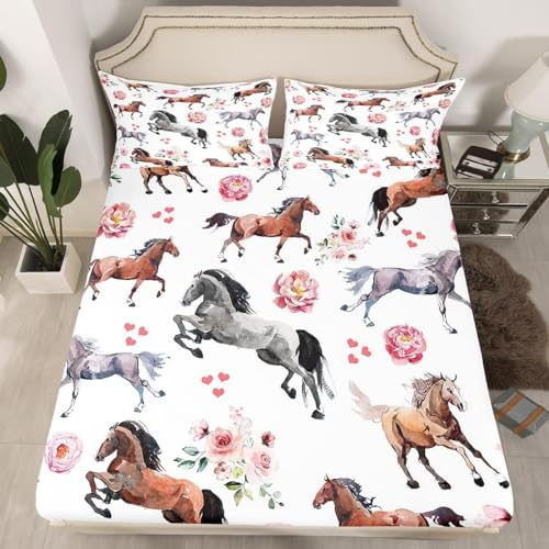 Sabana Bajera 180x190 / 200 Ajustable Flores de Caballo Impresión 3D Sabanas Bajera Cama 180 Niñas y Adultos, Bolsillo Profundo 30 cm Ropa de Cama Microfibre Suave y Cómoda a.6617