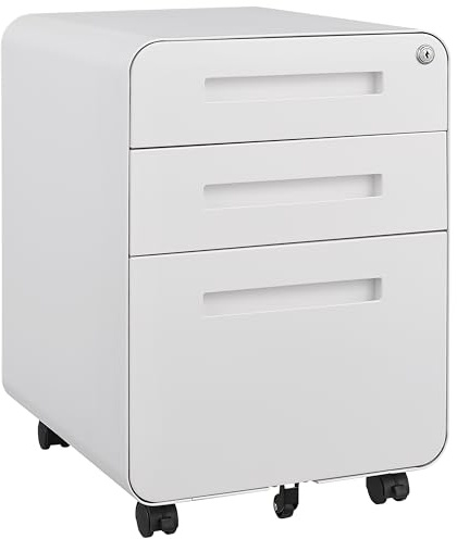 Rullcontainer arkivskåp av metall med 3 lådor och 5 hjul, låsbart kontorsskåp, under skrivbord, kontorsskåp för hem och kontor, 46 × 40 × 58 cm (vit)