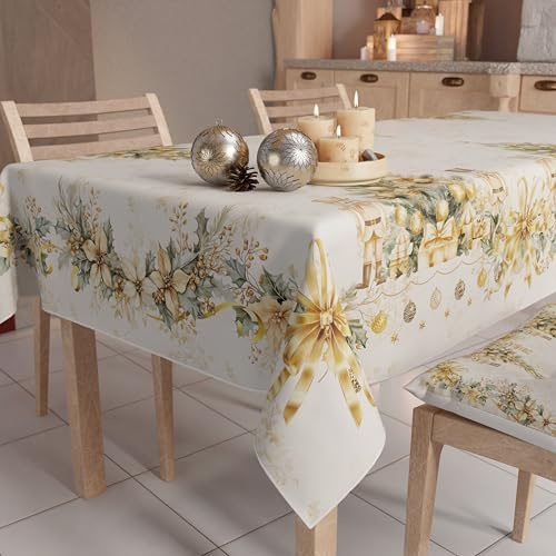 Petti - Weihnachtstischdecke Tischdecke 140 x 240 cm, rechteckig, schmutzabweisend & fleckenabweisend, Pflegeleichte Mikrofaser mit Motiv Weihnachtsgold, ideal für Advent & Weihnachten