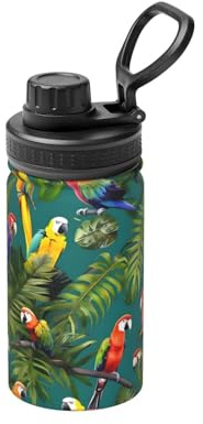 Bouteille d'eau isotherme à double paroi en acier inoxydable avec imprimé plantes tropicales et perroquets pour boissons chaudes et froides - 355 ml