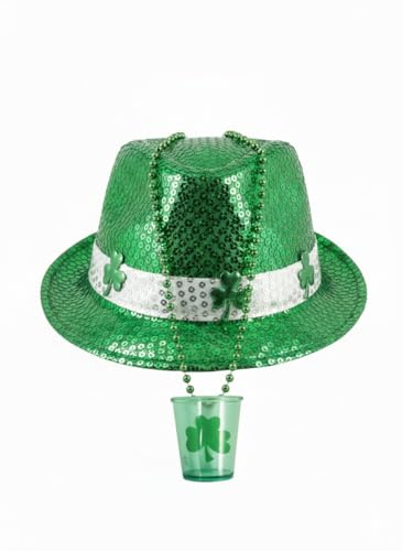 labreeze St Patrick's Day Shot Glass with Necklace and Irish Shamrock Sequin Gangster Hat, Adult Fancy Dress Accessory Set, Green