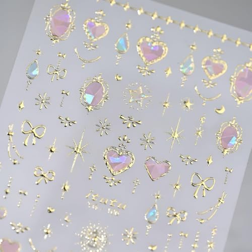 Nagelklistermärken, självhäftande nageldekorationer i form av hjärta i rosa, gyllene måne, stjärnor och band, nageltillbehör aurora, presentidéer för kvinnor och flickor