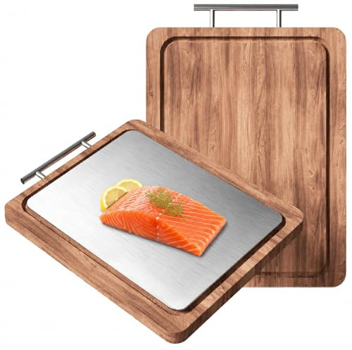 Dubbel Skärbräda i Trä av Akacia & Rostfritt Stål 34 x 28,5 x 2 cm | 2-i-1 med Saftspår, För Kött, Fisk, Grönsaker & Bröd, Hygienisk, Lätt att Rengöra