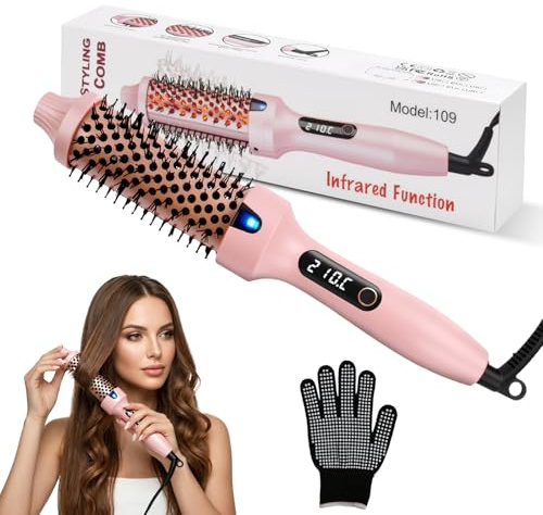 Värmeborste, 38 mm termisk borste med 3 funktioner - Utjämnande, mjuka lockar, volym, uppvärmd stylingborste, 6 temperaturinställningar, Thermal Brush Ionic Anti-Frizz, rosa