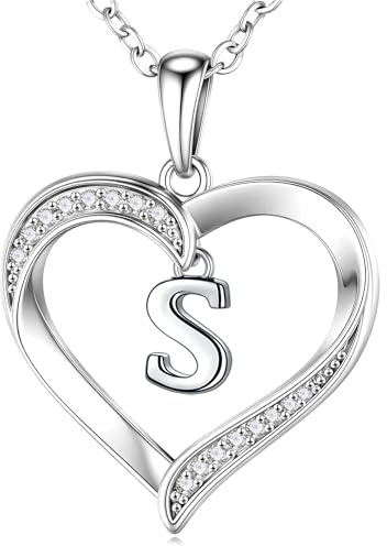 Turandoss Silber Kette mit Buchstaben - 14K Weißgold Vergoldet Herz Kette mit Buchstaben A-Z Halskette CZ Geburtstagsgeschenk für Frauen Mädchen Freundin Mama Geschenk Jahrestag Geschenk Schmuck Damen