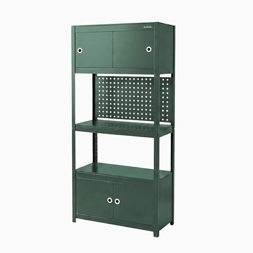 Jan Nowak étagère métallique Garage avec Armoire et Panneau perforé Rangement Outils 3 Niveaux 80 kg par Niveau Meuble Atelier Acier système Complet modulable Professionnel