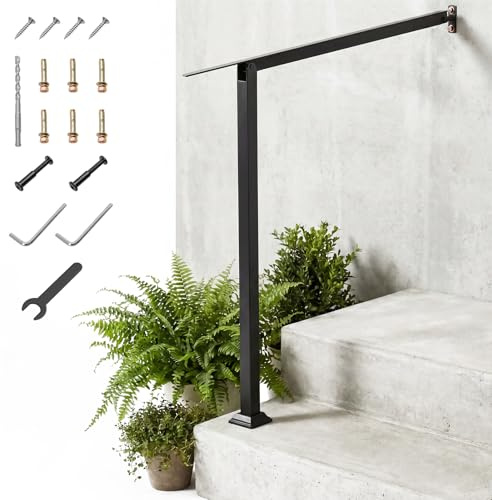 COSTWAY Outdoor Handrails for Stairs, Fits 1 to 2 Steps Adjustable Single Post Stair Railing with Installation Kit, Galvanized Steel Exterior Banister Hand Rails for Garden Porch Entrance