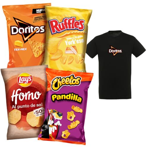Pack Variado de 8 Bolsas LAY’S Horno, DORITOS Tex Mex, CHEETOS Pandilla, RUFFLES York Queso, 4 Packs de 2 Bolsas Individuales para Aperitivo y Consumo Diario + Camiseta de Regalo