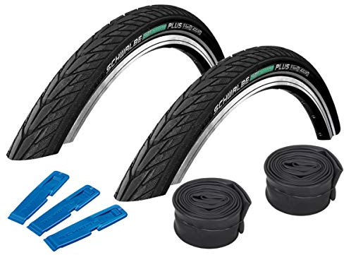 Schwalbe Energizer Plus Set: 2x Fahrradreifen für E-Bikes 47-622 (28 x 1.75) + 2 Stk. Schläuche AV 17 mit Auto Ventil + Reifenheber