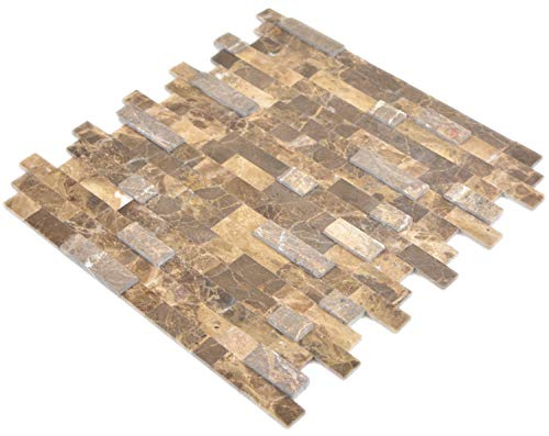 Tapis mosaïque autocollant composite pierre naturelle Emperador pour mur, cuisine, carrelage de comptoir, taille du tapis : 275 x 300 = 0,08 m², taille de la pierre : 275 x 300 x 4-6 mm – 1 tapis