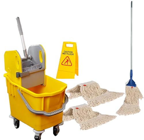 Complete 25l Mop and Bucket Set With Warning Sign by Bayersan- Full Floor Cleaning Bucket & Cleaning Bundle Kit For Household & Commercial Use - 3 X Squeeze Mop Heads (Yellow)