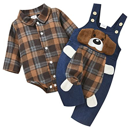 Dazzerake 2 Pezzi Completo da Neonati Pantaloni Bretelle + Pagliaccetto Camicie Plaid Casual Maniche Lunghe Bowtie Button Down con Stampa Cane (Marrone, 3-6 mesi)