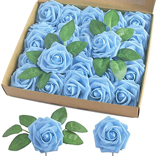 homEdge Artificial Rose, 25pcs Foam Artificial Flowers with Stem for Home Decorations, Wedding Bouquets, Party, Certerpieces, Anniversaries-Aqua Blue