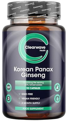Panax Ginseng Capsules |10,000mg Korean Ginseng Per Capsule | 20% Ginsenosides | 90 Day Supply | Vegan High Strength Extract for Men & Women