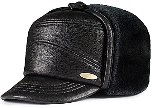 JIARY Mütze Herren,Fliegermütze,Outdoor-Lederhut Für Herren Mit Winddichter, Warmer Ohrenschützer-Lederhut,Trappermütze Aus Für Herren,Schwarz,XXL (59~60cm)