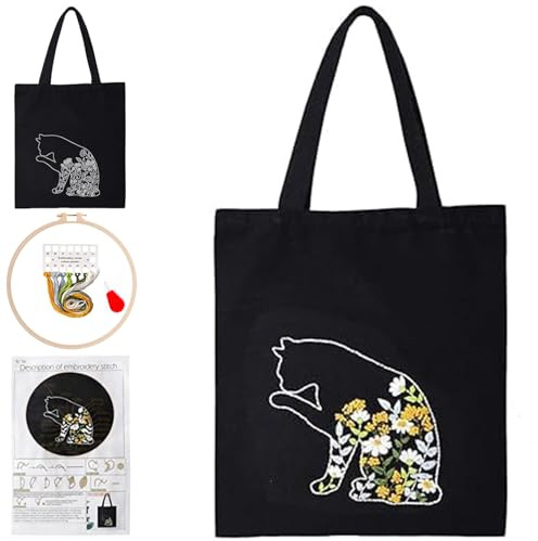 Smart-Feather Kit da ricamo per gatti per principianti e adulti, kit di borsa da ricamo a mano con cerchio e motivi (B)