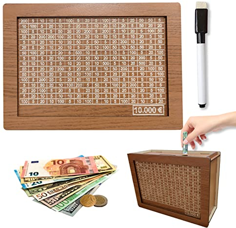 Tirelire pour Objectif Économie, Tirelire en Bois Marqueur Réutilisable, Aider Enfants Commencer Économiser (10000€)