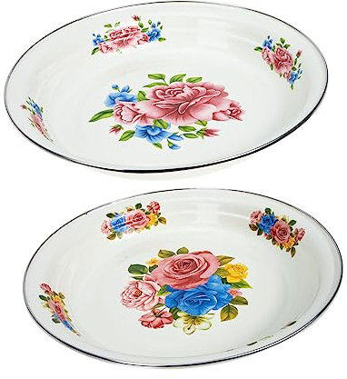 UPKOCH Verdickte Emaille Teller 2 Stück aus Sicherem Material Flache Vintage Servierplatten mit Blumenmuster Haushalts Obstteller im Retro Stil für Zuhause und Hotel