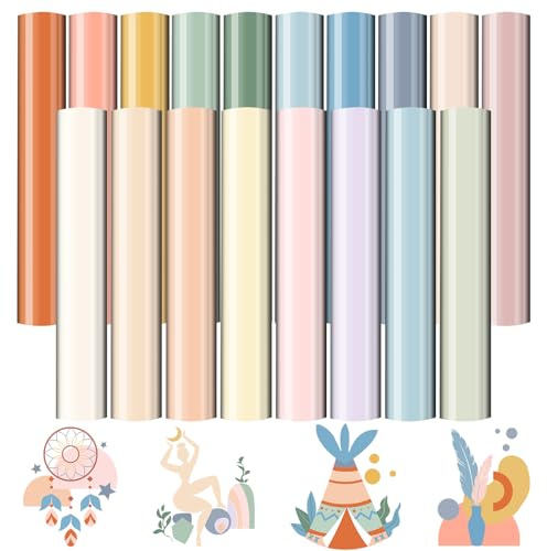 MJARTORIA Plotterfolie Textil Vinyl, Flexfolie Plotter Textil 30×25 cm, Boho Wärmeübertragungsfolie Plotter für DIY T-Shirt Stoffe Leder (18pcs Bunt)