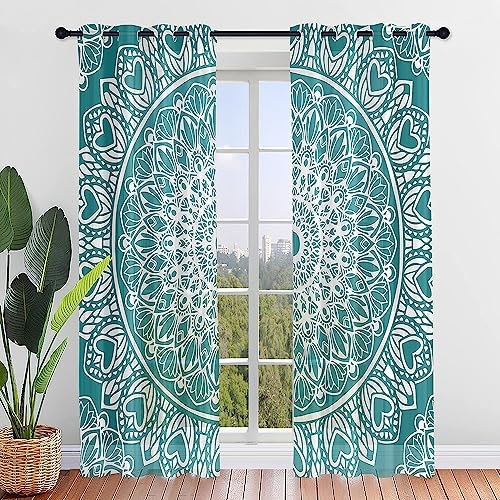 ENEN Voile Curtains for Living Room, 2 Piece Voile Curtain, Mandala Long Curtains for Windows & Door, Sheer Curtains Semi Transparent Voile Panel for Kitcken Bedroom (80x115cm,Duck Egg Blue)