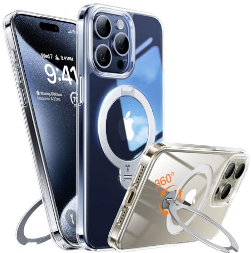 TORRAS Ostand Q3 Spin für iPhone 15 Pro Max Hülle (360° Magnetischer Unsichtbarer Ständer) Zertifizierte Militärschutz, MagSafe Kompatibel, Stoßfest Diamant-Klar Anti-Vergilbung Transparent