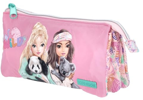 Depesche 12792 TOPModel Wild - Fächerschlamper in Rosa, mit Model Motiv und Buntem Tier Muster, Federmäppchen mit 3 Reißverschlussfächern