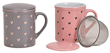 Lot de 2 tasses à thé avec filtre et couvercle | 2 tasses à thé en céramique avec décoration de cœurs de couleur rose et grise | Cadeau pour les couples - Lot de 2 tasses de 340 ml