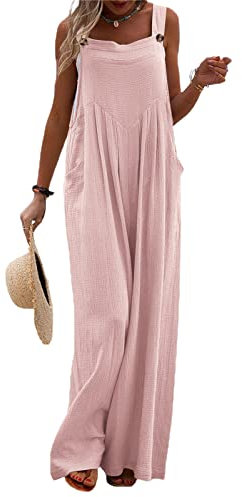 Women Wide Leg Overalls Sleeveless Jumpsuits Casual Solid Color Adjustable Suspender Button Rompers with Pockets (Pink, L)