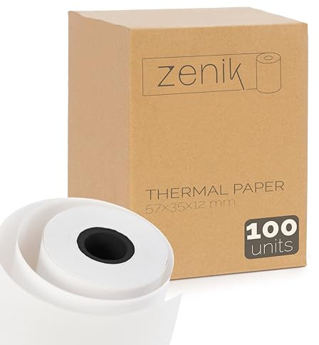 ZENIK | 100 Thermopapierrollen Weiß 57x35x12mm | BPA-frei | Universelle Kompatibilität | POS, Zahlungsterminal, Thermodrucker 57mm, Belege | Hohe Langlebigkeit
