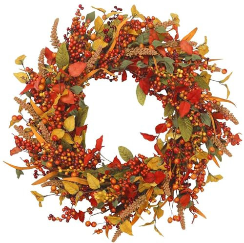 Fall Wreath Autumn Wreath 15.75 Inch Realistic Fall Wreath for Front Door Artificial Leaf Small Berries Harvest Wreath for Thanksgiving Fall Decorations