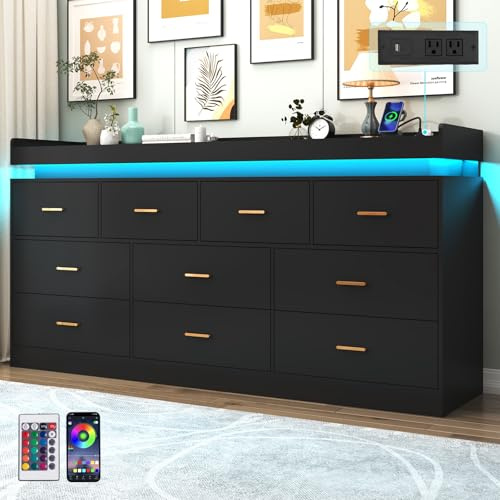 Hlivelood 10 Drawer Dresser with LED Light and Charging Station, Modern Chest of Drawers for Closet, Wide Drawer Organizer Cabinet, Living Room, Entryway, Hallway, Black