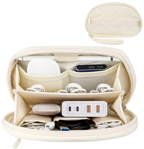 Dadanism Borsa Organizer per Elettronica, Custodia Portatile per Cavi, Organizer per Cavi da Viaggio per Accessori Elettronici, Caricabatterie, Cavi, Unità USB, Power Bank, Hard Disk, Beige