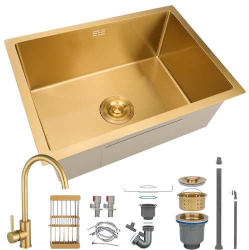 HZKSINNK Éviers De Cuisine, Évier Simple Golden Bar, Évier De Cuisine/salle De Bain Carré En Acier Inoxydable Doré, Évier Nano/préparation Avec Kit De Vidange, Facile À Nettoyer, À Encastrer Sous Plan