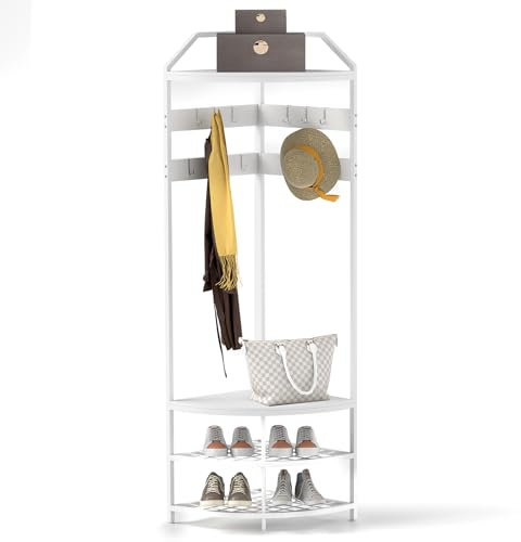 Youyijia 4-Tier Metall-Eck-Garderobenständer, freistehende Eck-Garderobe für den Flur, Flurgarderobe mit 10 beweglichen Haken und Holzablage für Flur, Schlafzimmer und Eingangsbereich (Weiß)