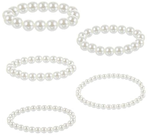 5 Stück Perlenarmband Weiß Damen Set Handmade Runde Stretch Armband Perlen Elegante für Hochzeit, Party, Alltag
