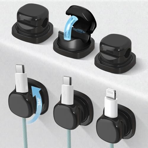 Cable Tidy Clips, 6 Pack Magnetic Cord Organiser, 360°Rotating & Twist-Lock Self-Adhesive Wire Organiser, Cable Holder Magnetic Cable Holder for Desk Office Accessories