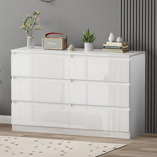 LSLIFE Weiße Kommode mit 6/8 Schubladen Hochglanz Schlafzimmerschrank Nachttisch Sideboard Stauraum Möbel für Wohnzimmer Büro Flur (6 Schubladen weiß)