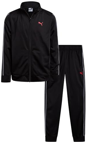 PUMA Boys Pants Set - 2 Piece Tricot Athletic Zip Up Jacket Sweatshirt and Active Jogger Pants - Boys Activewear Set (8-16), Size 8, Black Red 48