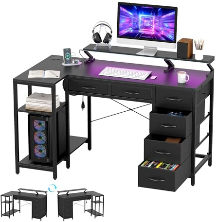 yeshine Schreibtisch 140cm mit Schubladen Gaming Tisch mit USB-Ladeanschluss & Steckdose L-Förmiger Computertisch mit LED Beleuchtung für Arbeit, Studium, Freizei (‎Schwarz)